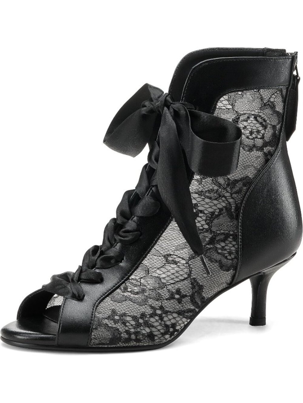 Women's Black Mesh Lace Booties Lace Up Ankle Boots Open Toe Kitten Heels